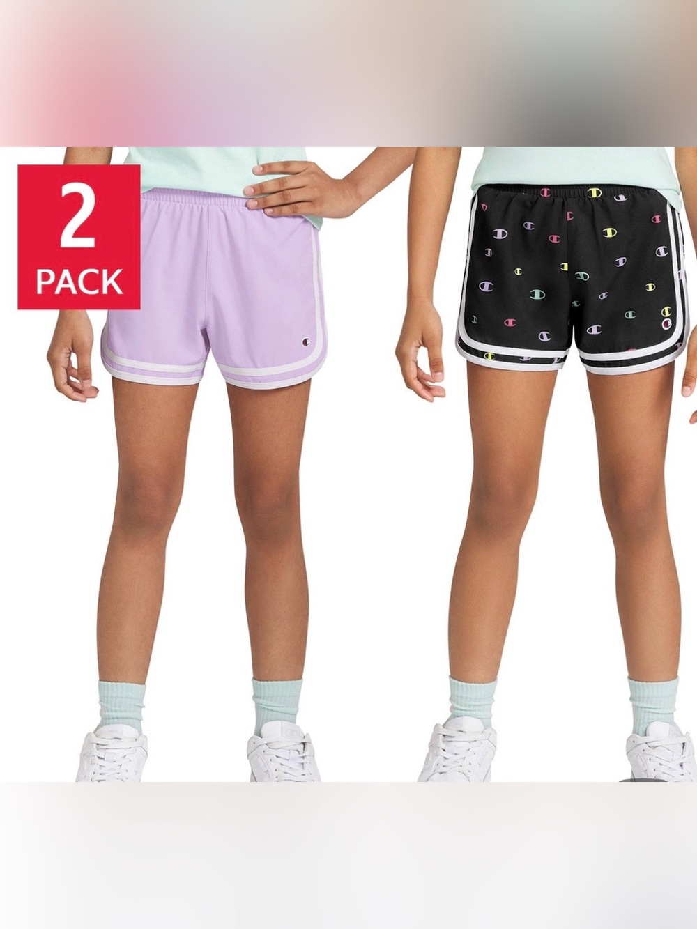 Champion Girls 2-Pack Stripe Shorts – Lavender & Black, Large